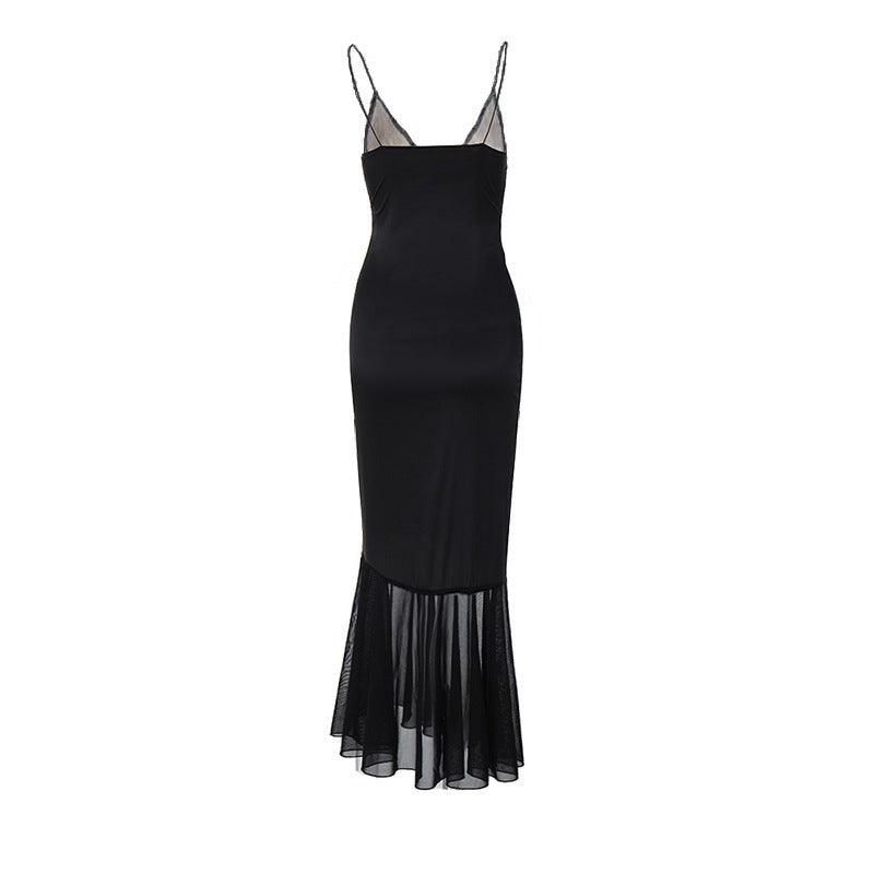 Black Spaghetti Strap Lace V-Neck Satin Fishtail Mermaid Maxi Dress