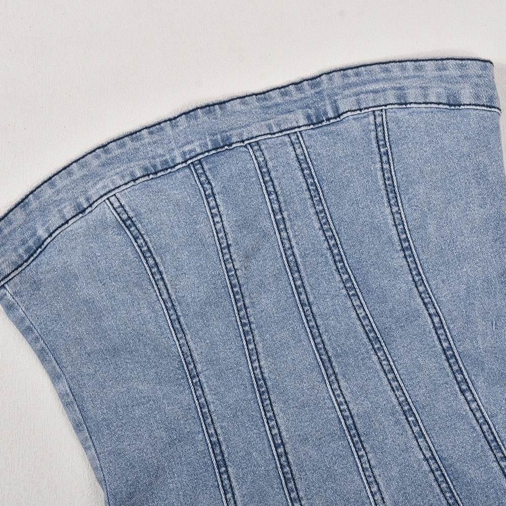 Light Blue Strapless Denim Corset Seam Raw Hem Bodycon Mini Dress
