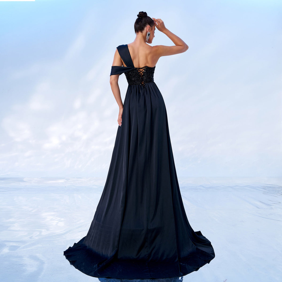 Black Off-Shoulder Sequin Corset Illusion High Slit A-Line Maxi Gown
