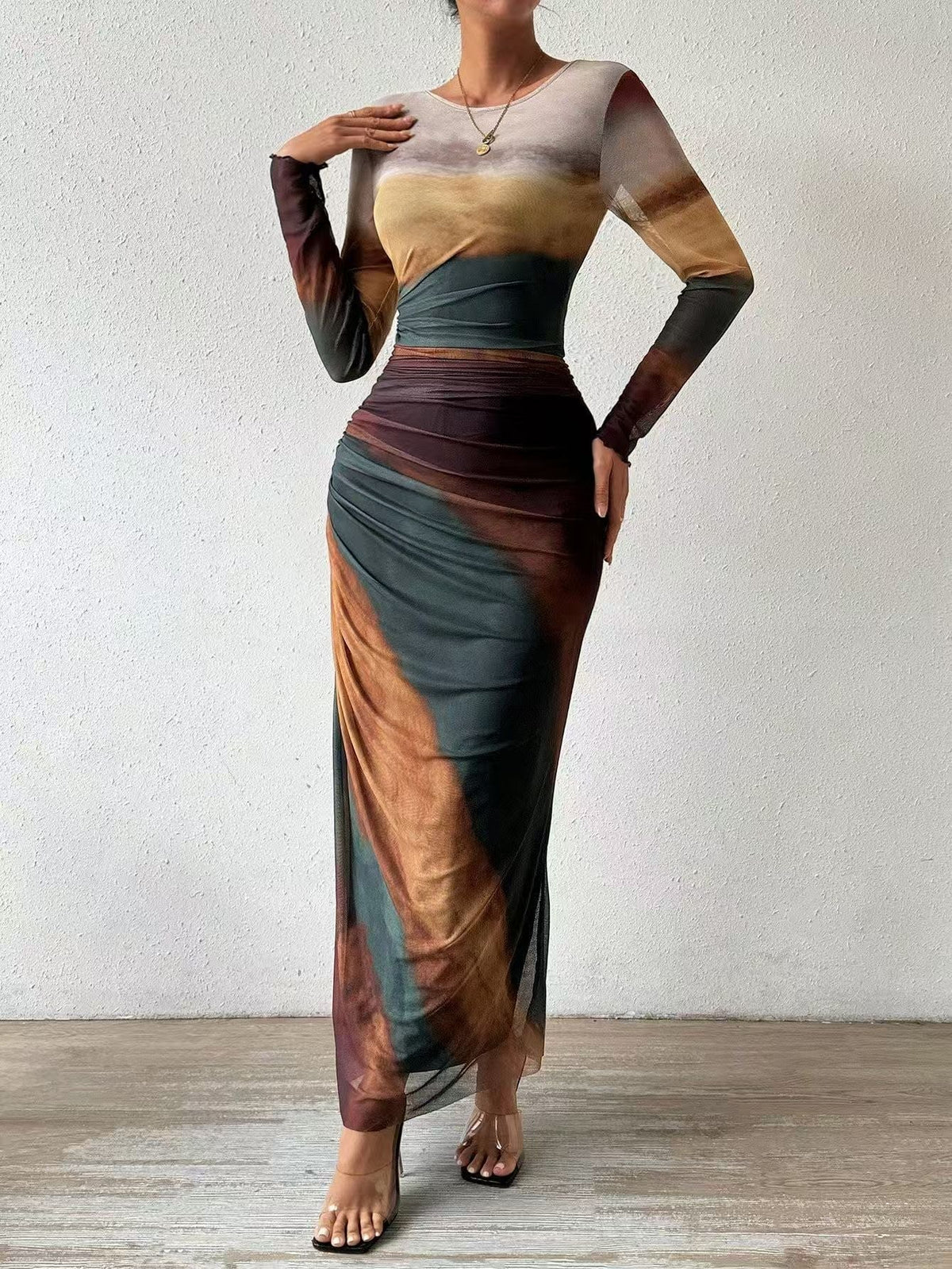 Round Neck Abstract Print Ruched Long Sleeve Bodycon Maxi Dress