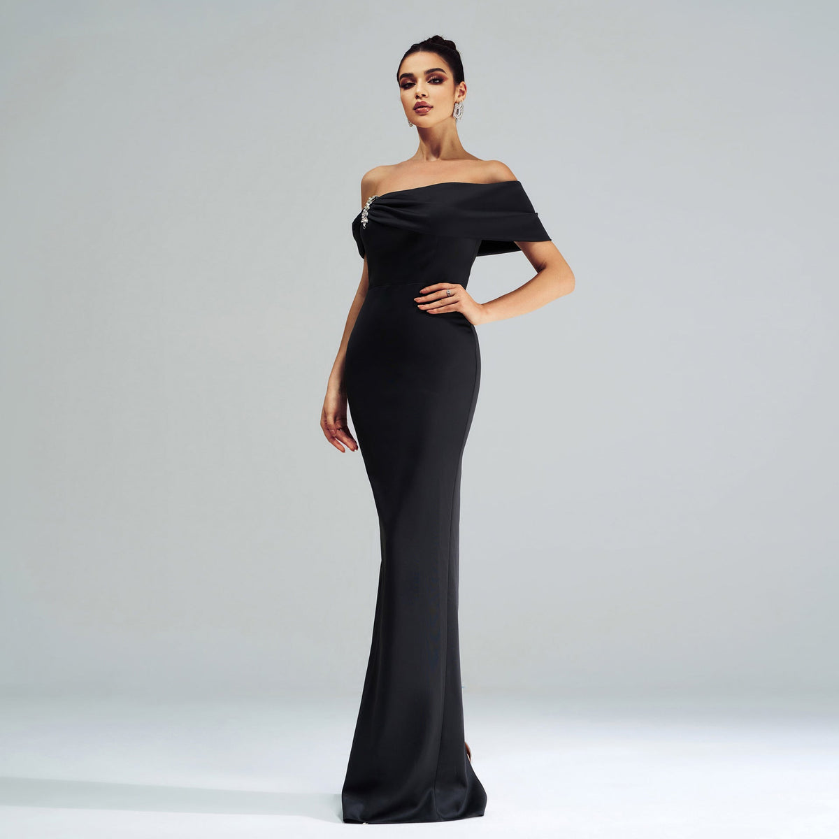 Black Off-Shoulder Draped Crystal Embellished Mermaid Maxi Gown