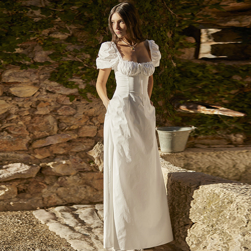 Sweet Court Puff Sleeve Square Collar Lace Solid Color Dress for