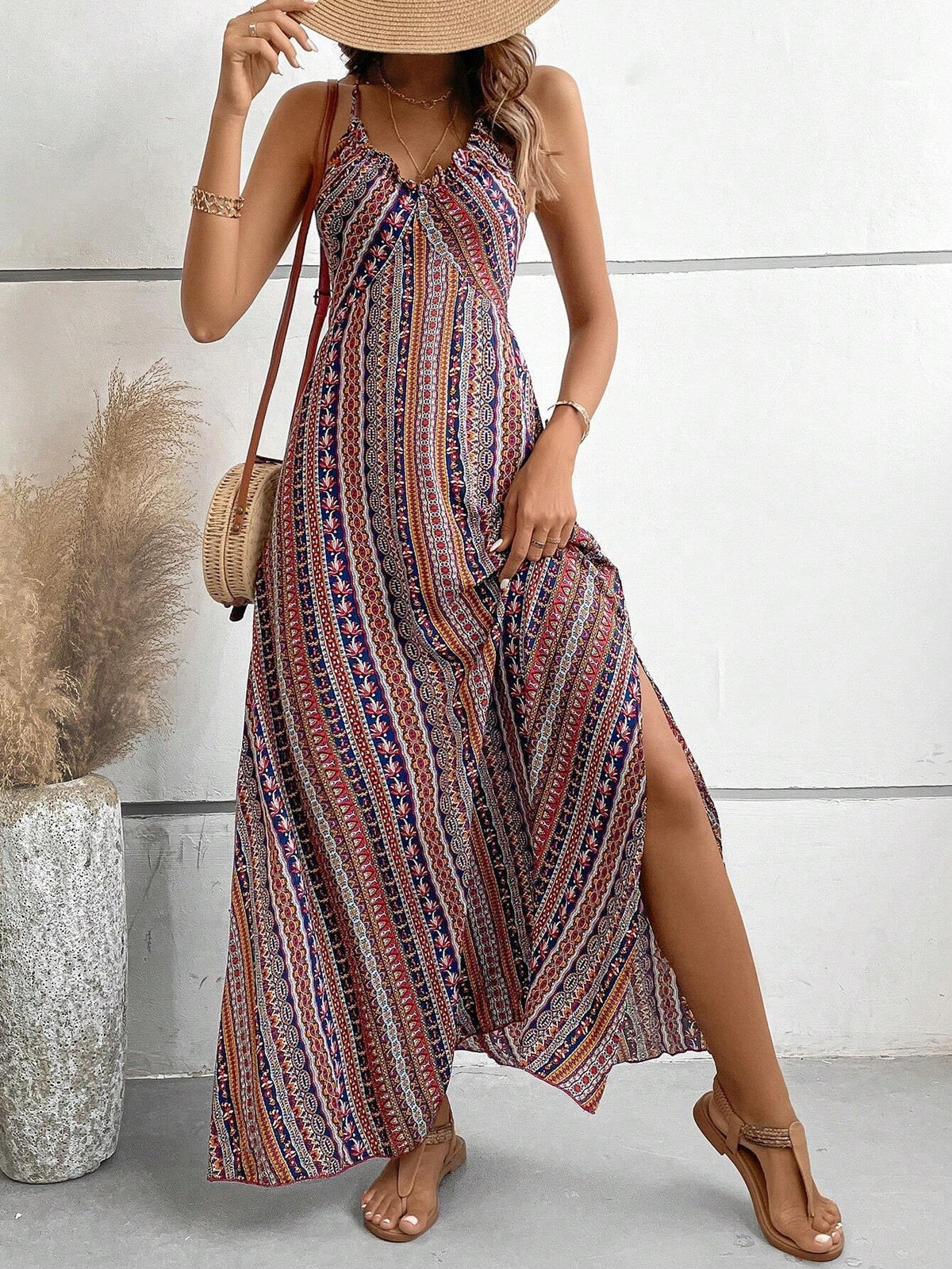 V-Neck Boho Print Spaghetti Strap Twist Front High Slit Maxi Dress
