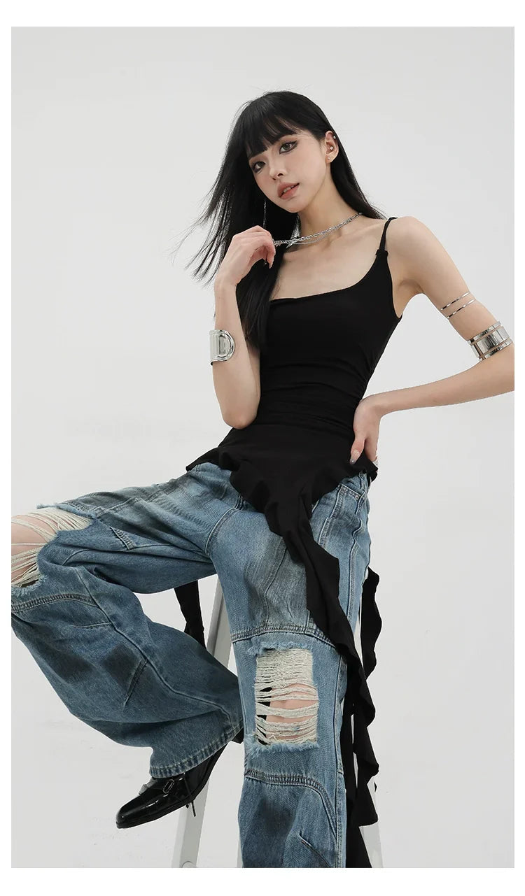 Black Asymmetric Ribbon Strap Tank Top With Ruffle Edge Design