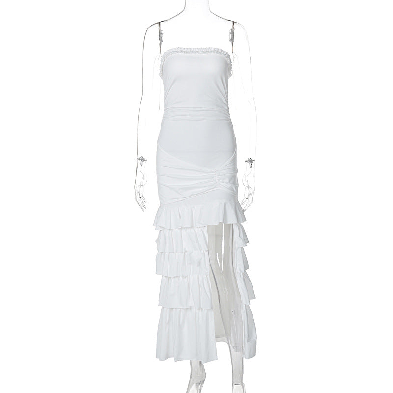 Solid Color Wrapped Chest Pleated Slim Fit Patchwork Split Dress High Sense