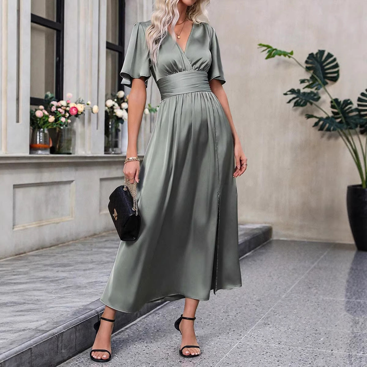 Women Clothing Summer V neck Maxi Dress Elegant Graceful Tight Waist Maxi Dress