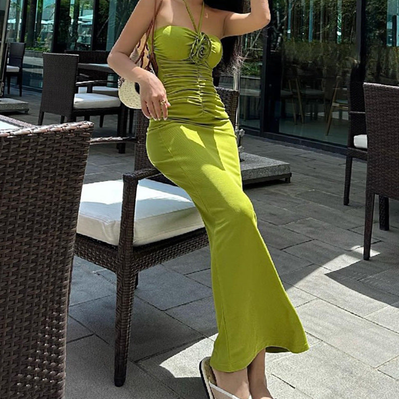 Halter Neck Rosette Applique Ruched Bodycon Maxi Dress 5