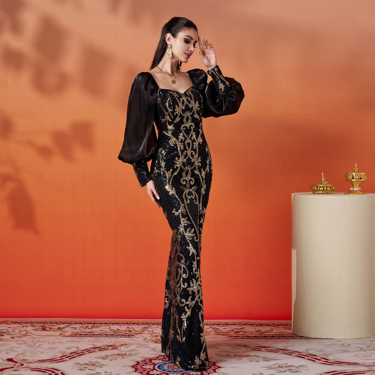 Black Sweetheart Neck Puff Sleeve Baroque Sequin Mermaid Gown