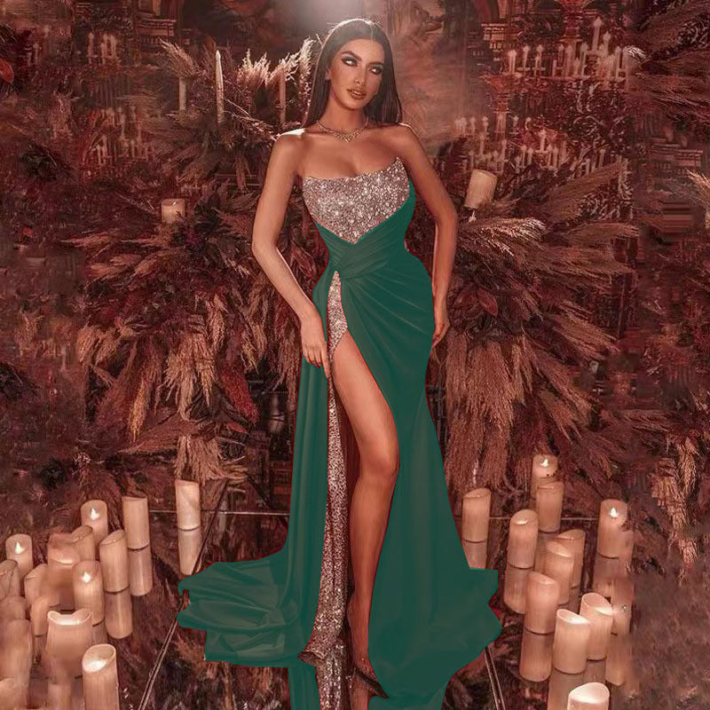 High Slit Floral Sequin Prom Dress green / S promdress-250223