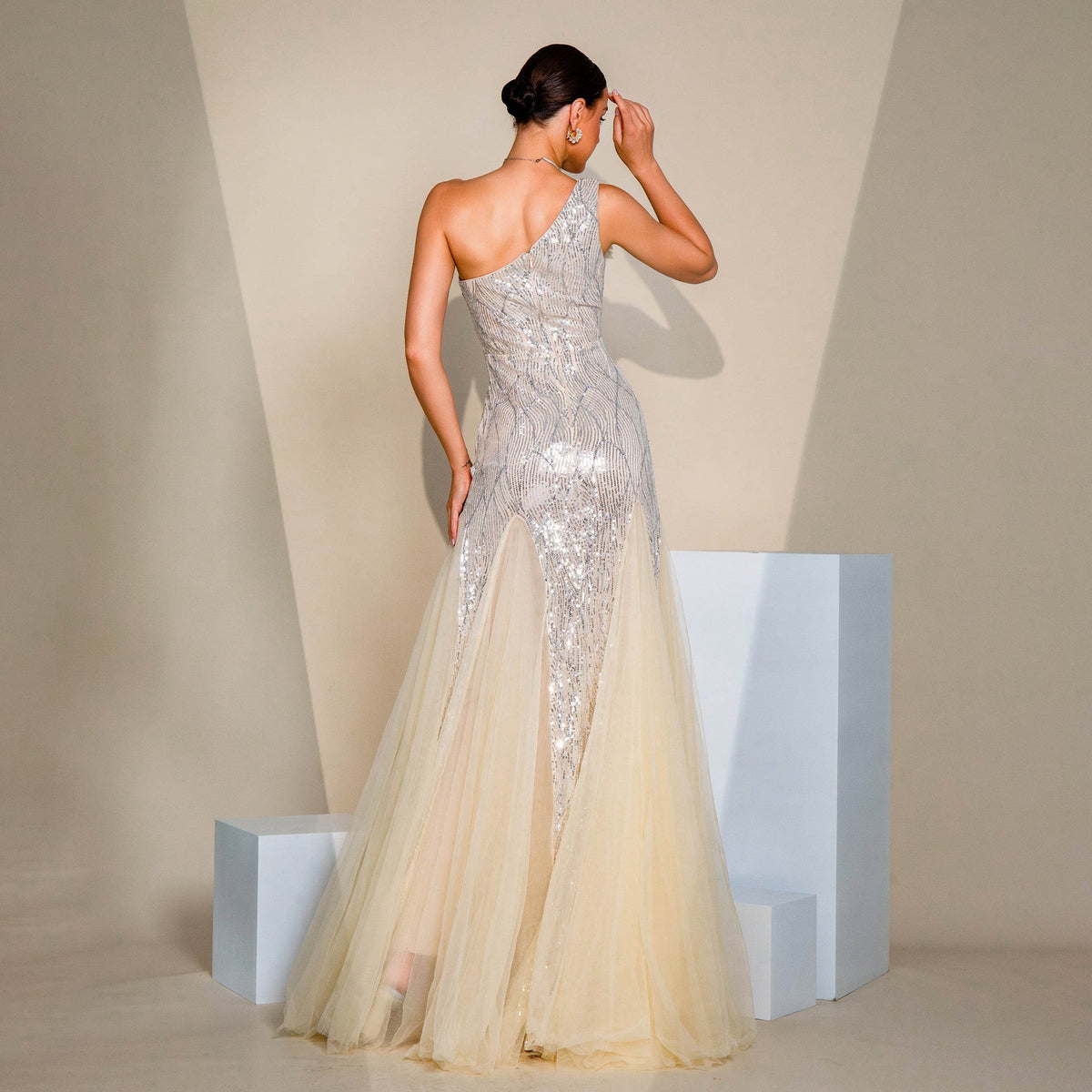 Beige One Shoulder Floral Applique Sequin Tulle A-Line Maxi Gown