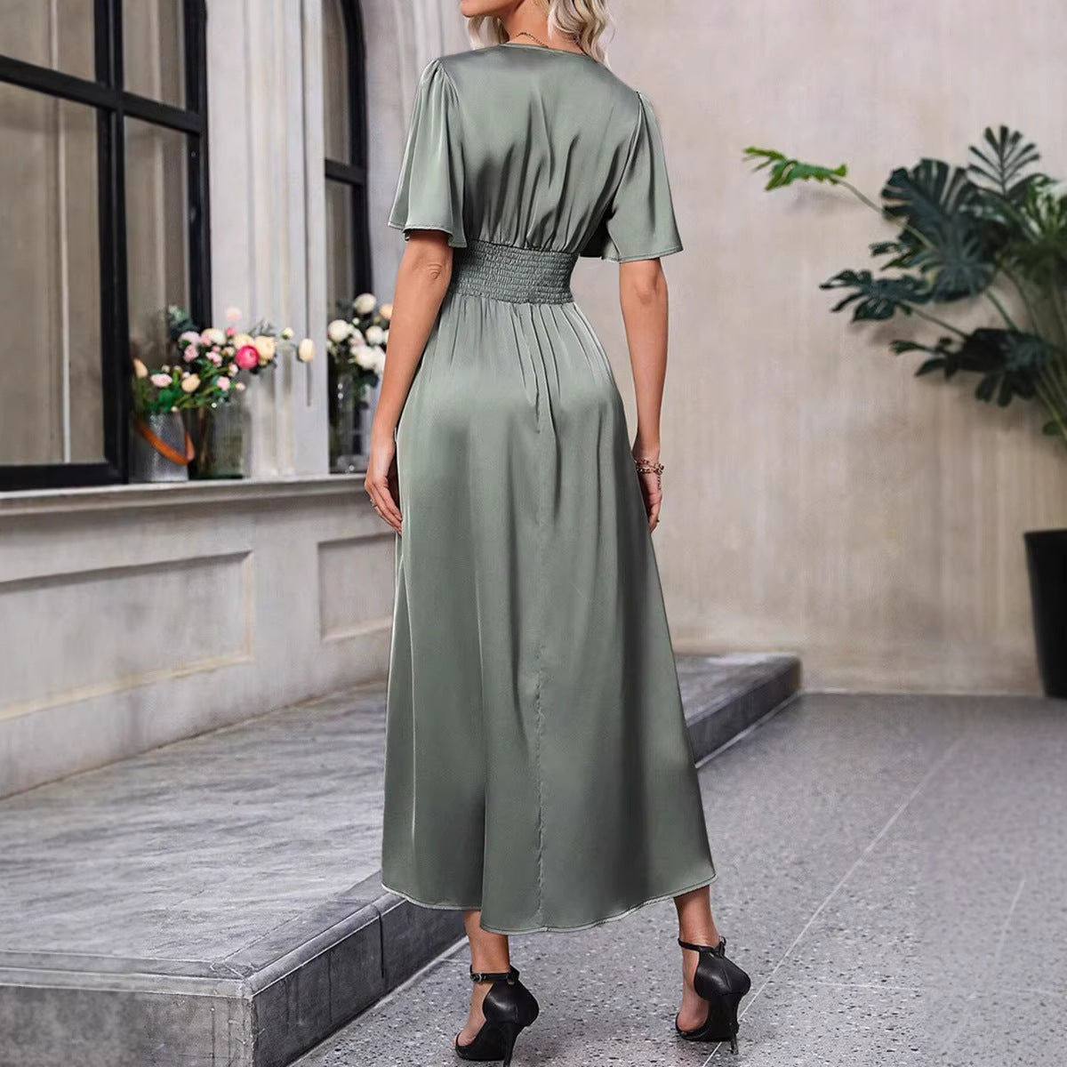 Women Clothing Summer V neck Maxi Dress Elegant Graceful Tight Waist Maxi Dress