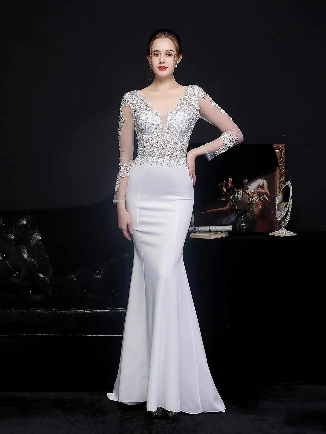 Lace long sleeved evening dress