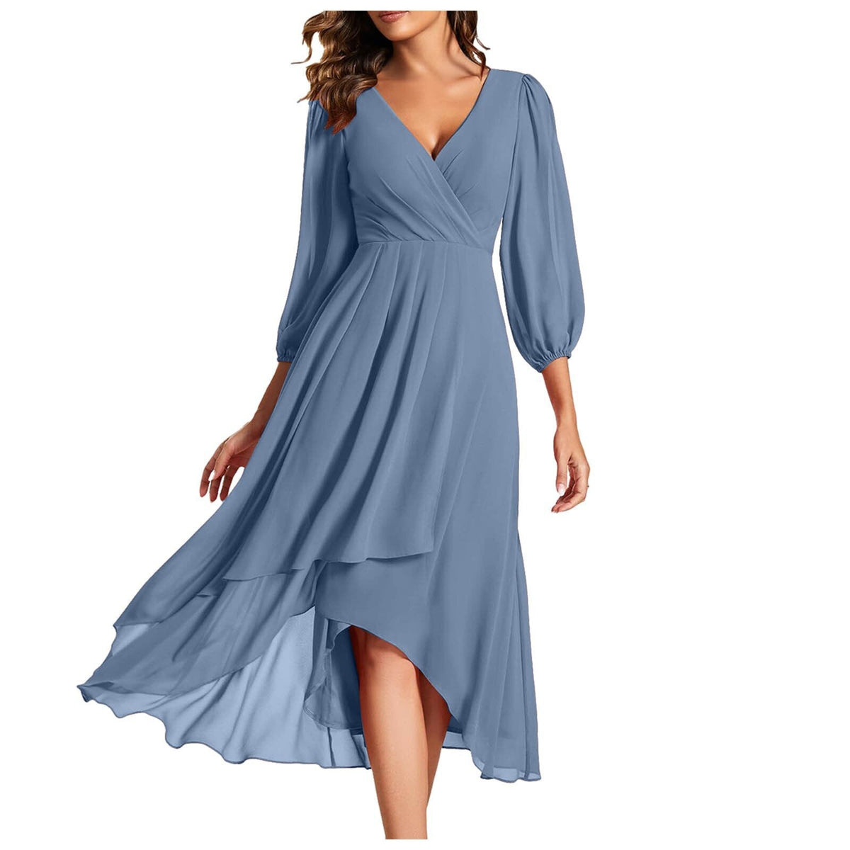 V-Neck Wrap Balloon Sleeve Chiffon High-Low Ruffle Midi Dress 3