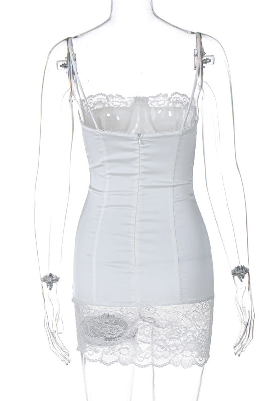 Spaghetti Strap Lace Trim Satin Corset Bodycon Midi Dress
