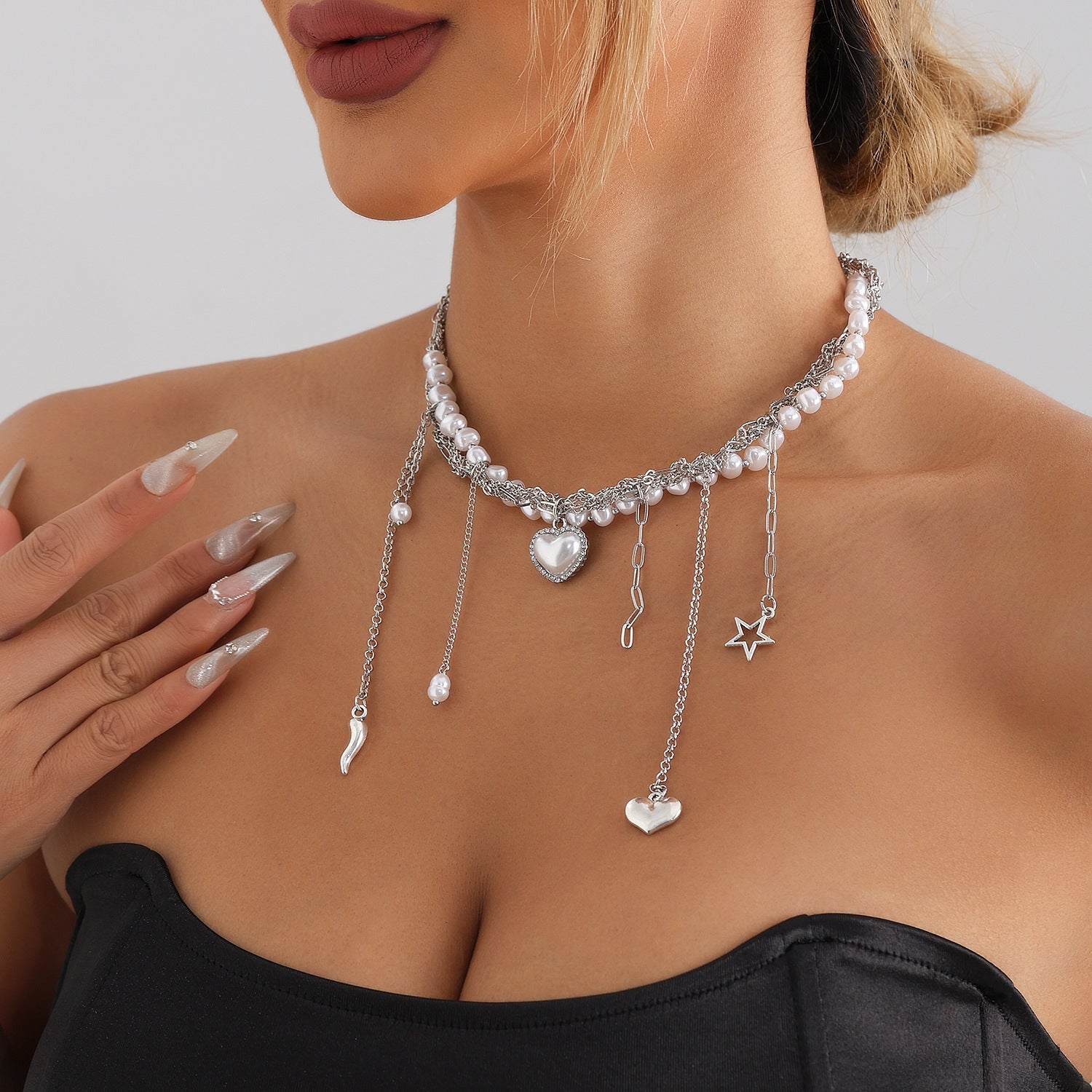 Multilayer Heart Tassel Pearl Star Pendant Necklace