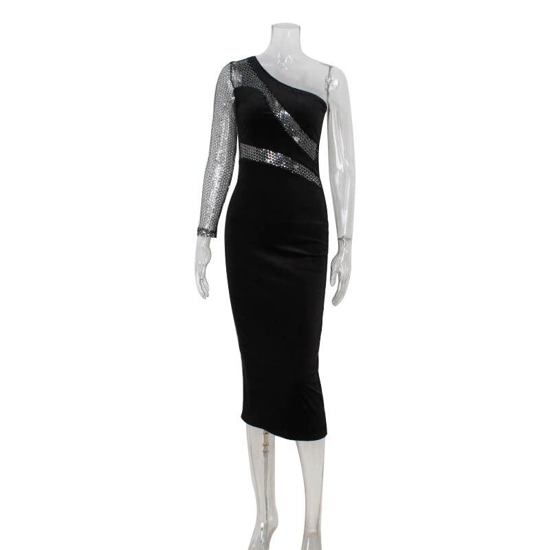 Fashionable Sequ Stitching Shoulder Diagonal Collar Dress Formal Dress