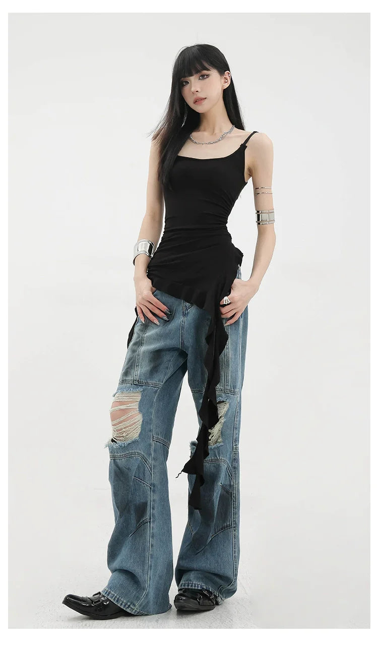 Black Asymmetric Ribbon Strap Tank Top With Ruffle Edge Design
