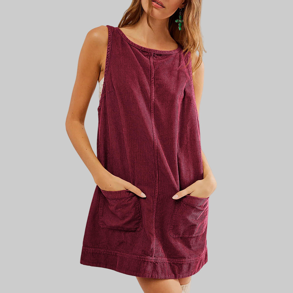 Round Neck Corduroy Patch Pocket Sleeveless A-Line Mini Dress