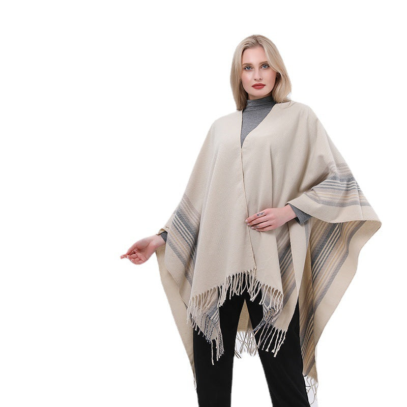 New Europeanstyle Simple Fashionable Split Polyester Striped Scarf
