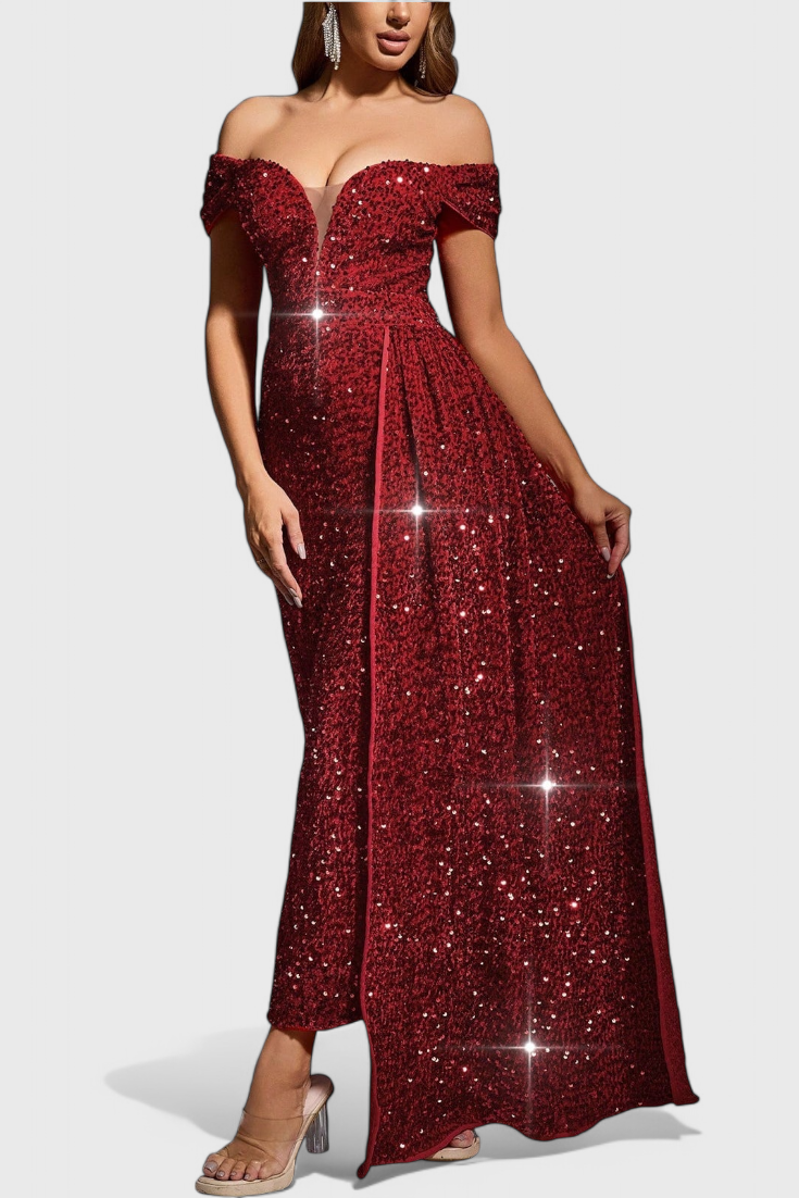 Off-Shoulder Sweetheart Sequin High Slit Mermaid Maxi Gown 3