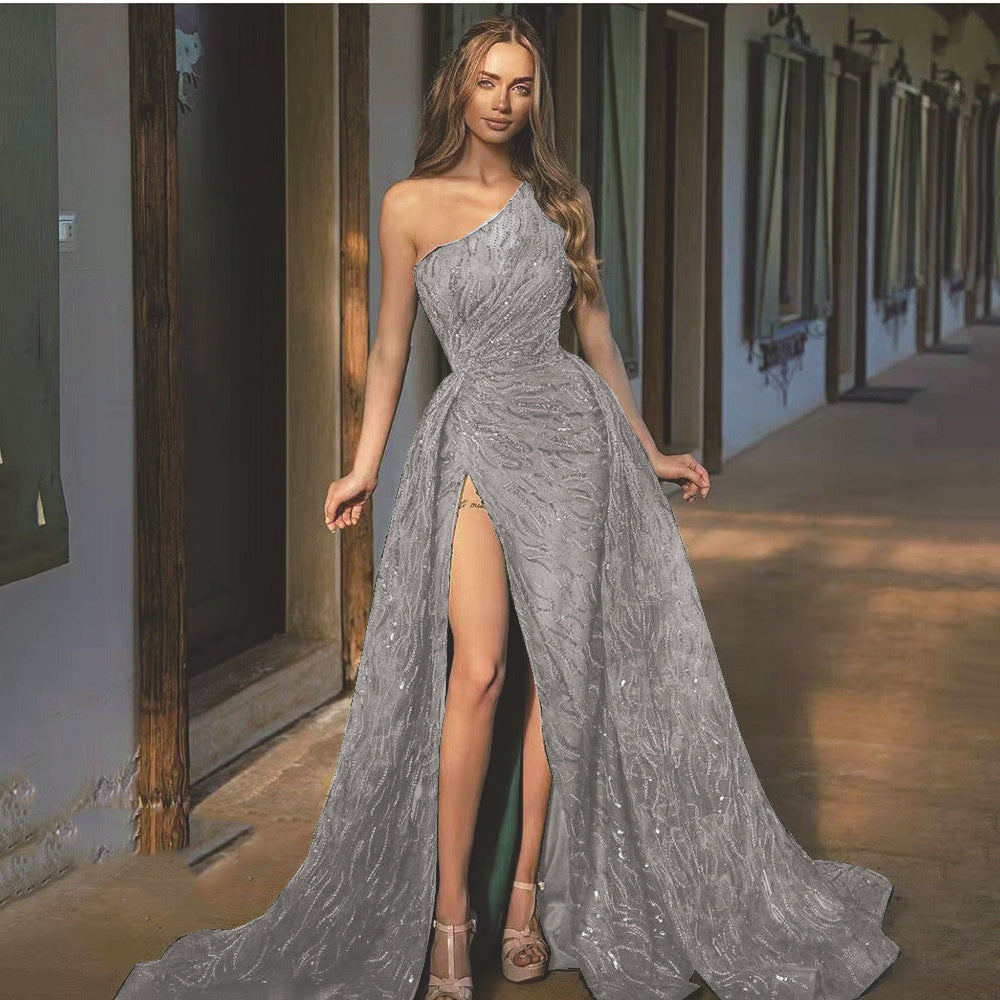 Off-Shoulder Slit Sequined Halter Dress