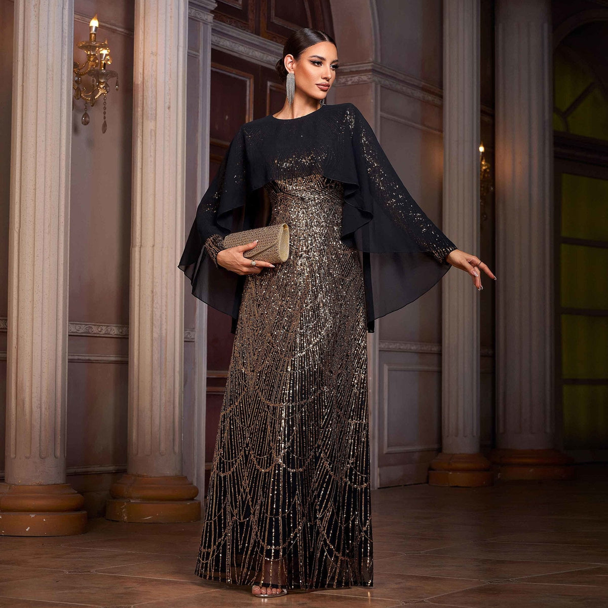Gold Round Neck Sequin Chiffon Cape Long Sleeve Column Maxi Gown