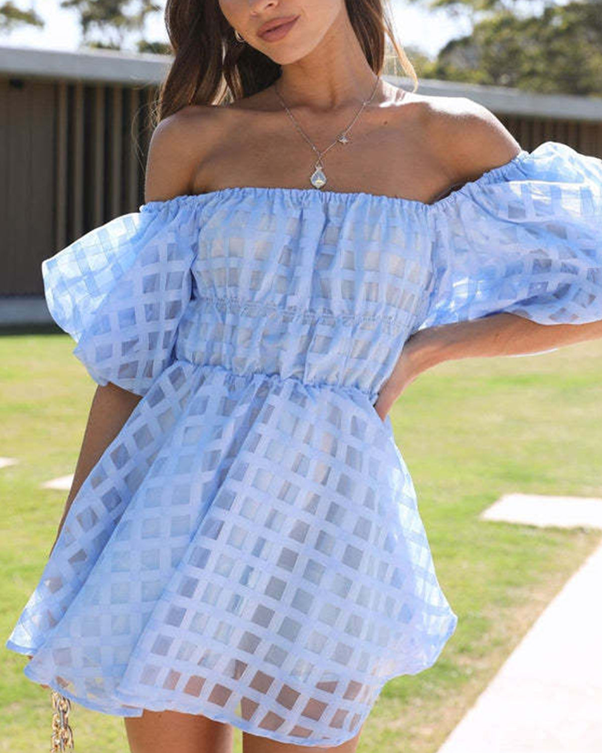 Diana Boutique Mini Dress with Puff Sleeves and a Checked Pattern Chic Silhouette Collection