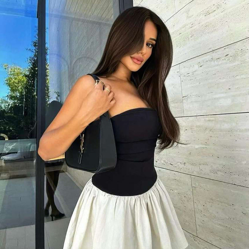 One-Shoulder Pleated Dress With Patchwork