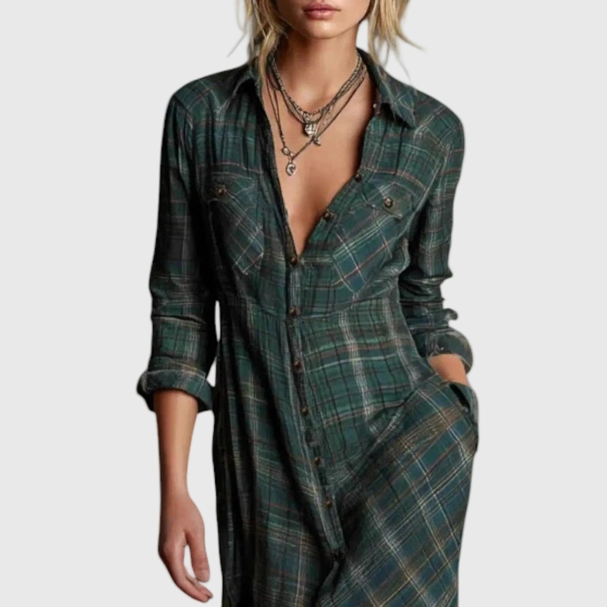 Collared Plaid Button Front Long Sleeve Shirt Maxi Dress
