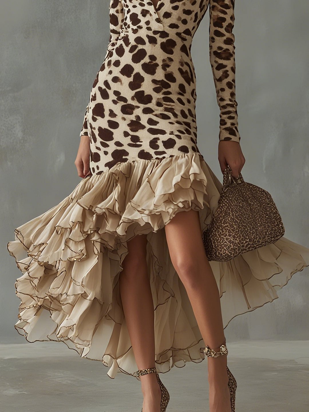 Animal Print Plunge V-Neck Leopard Print Long Sleeve Ruffle High-Low Mermaid Midi Dress 4