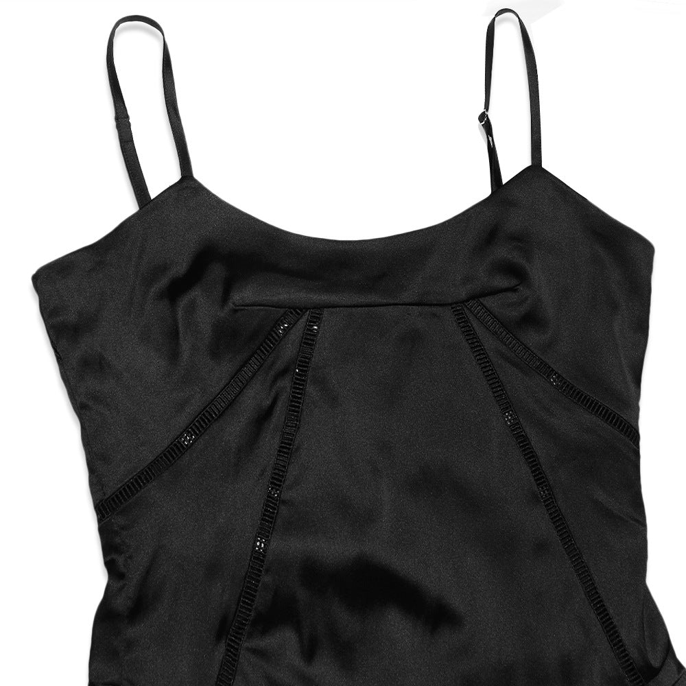 Black Square Neck Pintuck Satin Lace-Up Back Slip Maxi Dress