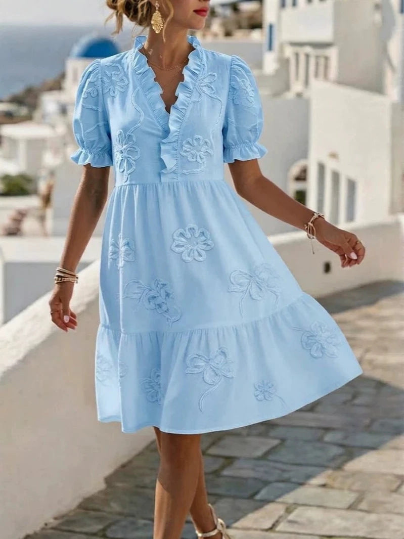 Ruffle V-Neck Floral Applique Puff Sleeve A-Line Mini Dress 6