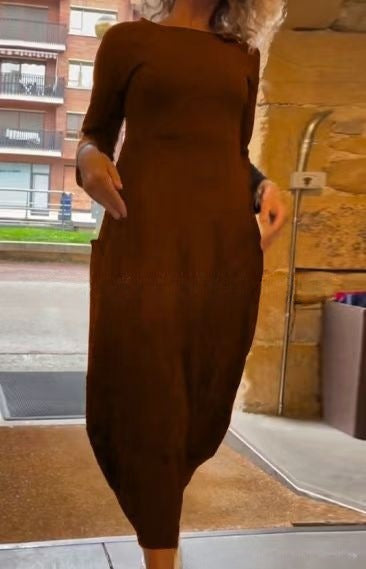 Round Neck Long Sleeve Pocket Cocoon Midi Dress