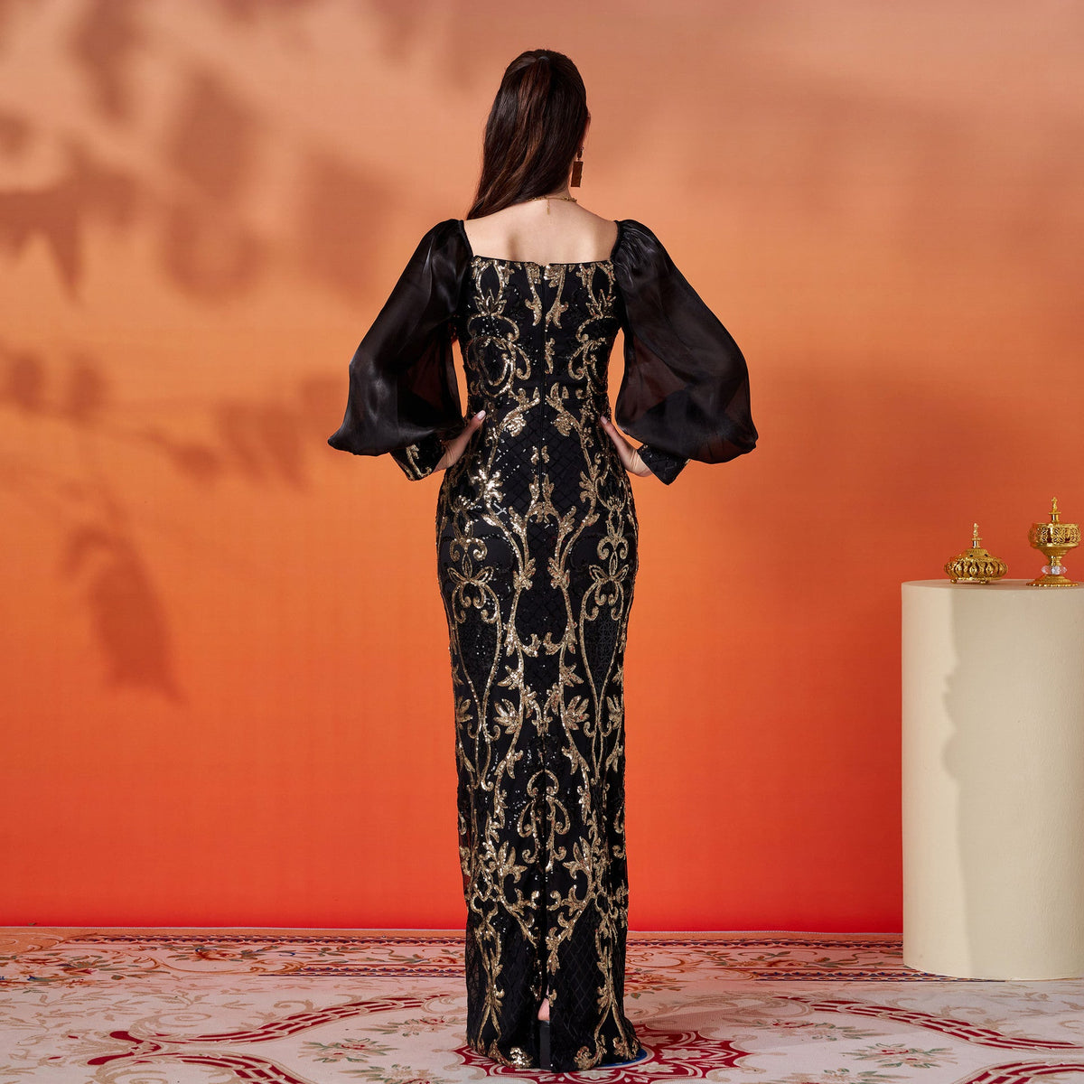 Black Sweetheart Neck Puff Sleeve Baroque Sequin Mermaid Gown