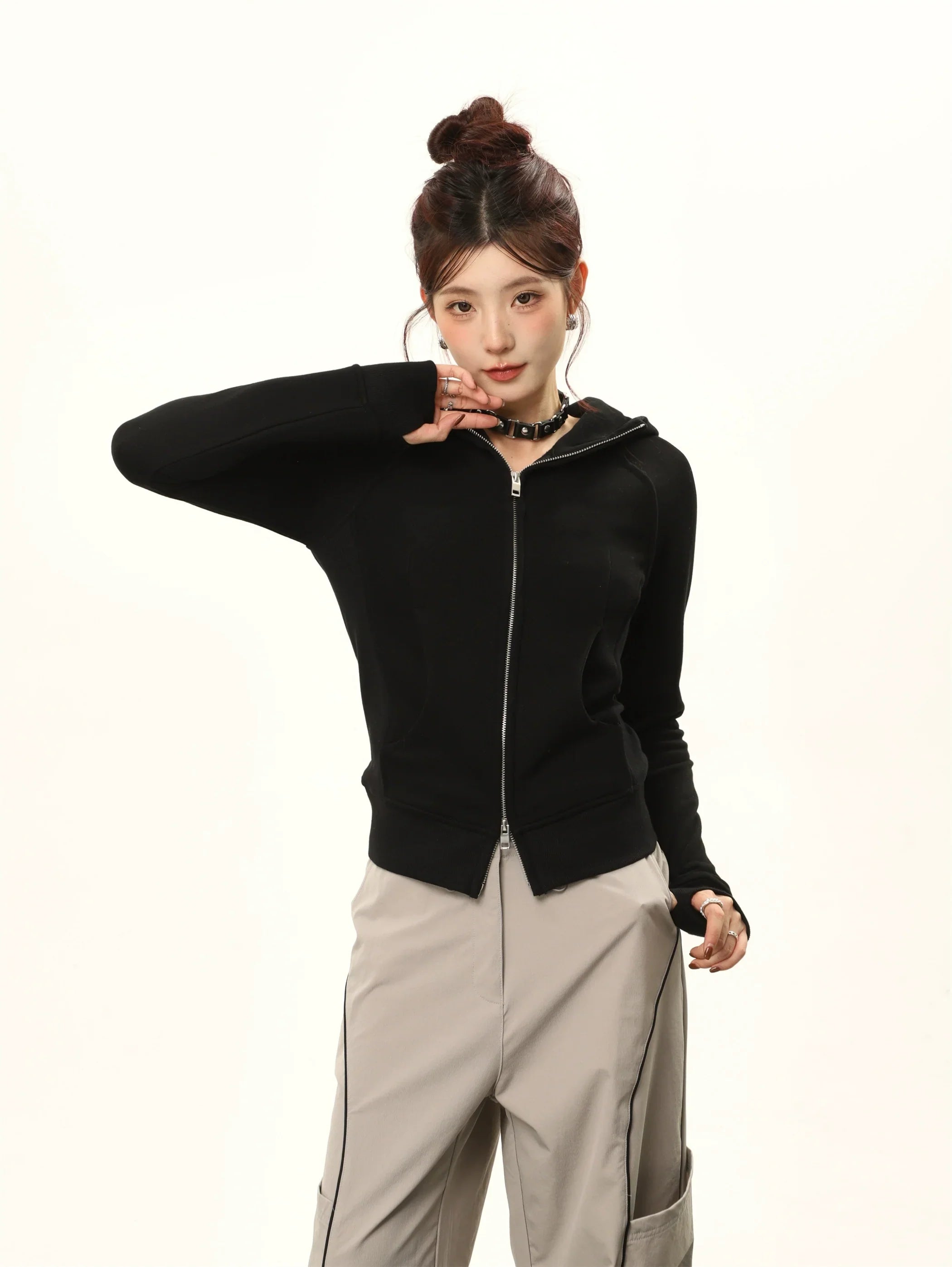 Hooded Double-Zipper Cardigan Sweatshirt