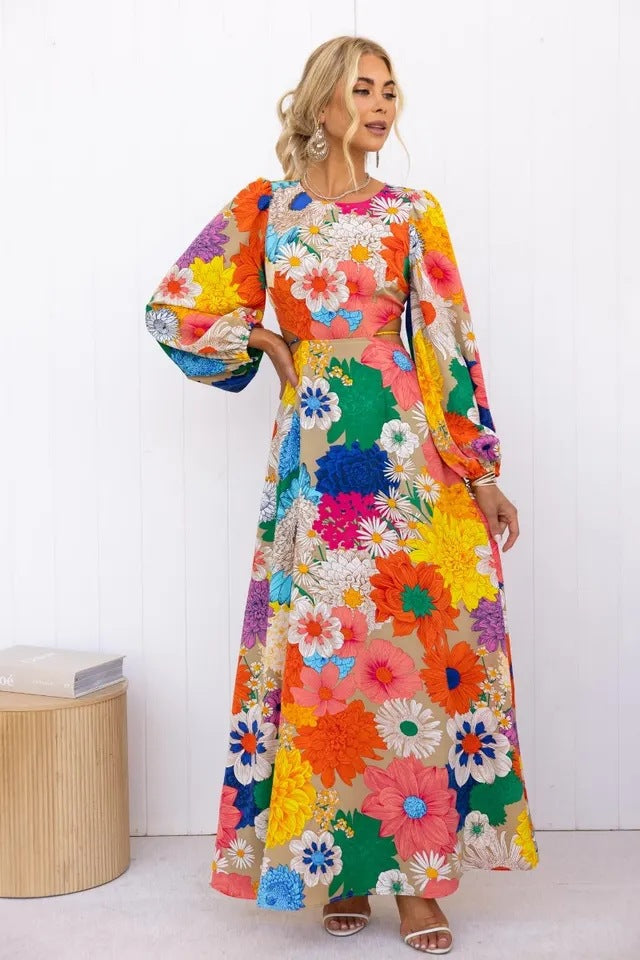 Addison Timeless Floral Dress with Puff Sleeves Elevated Occasion Wear