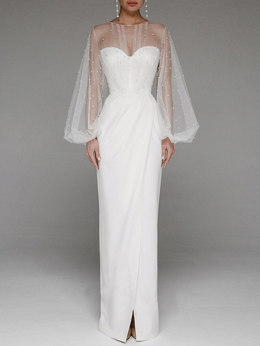 Strapless Puff Sleeves Shiny Glitter Wedding Dress