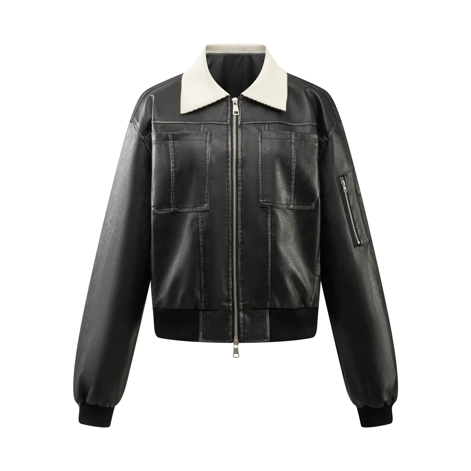PU Leather Jacket with Lamb Wool Collar
