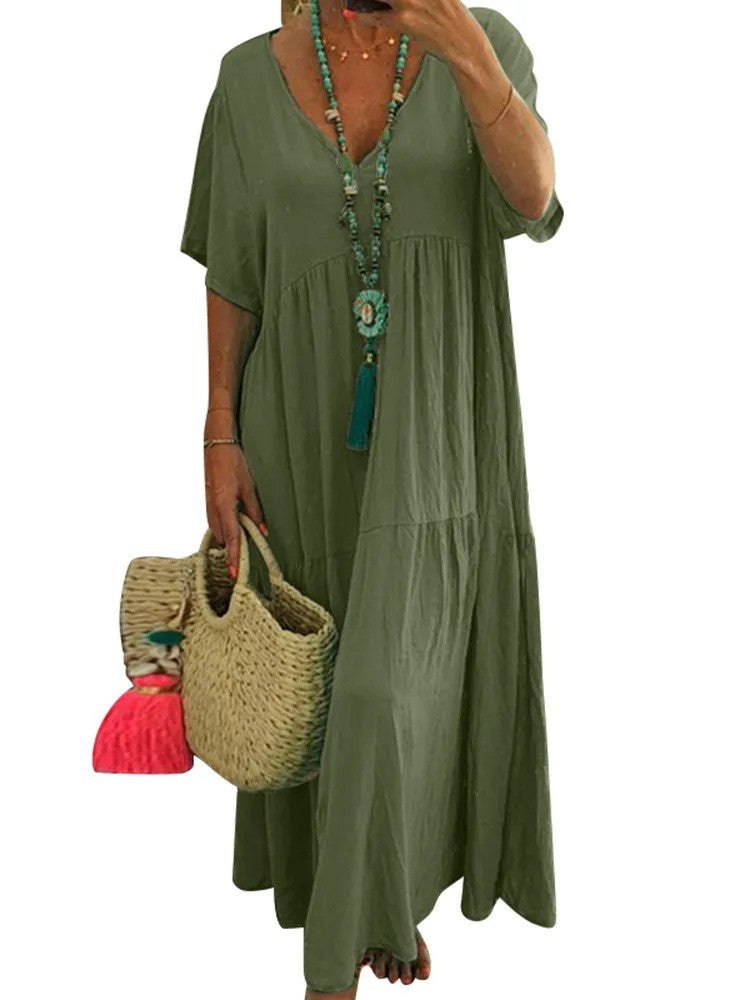 V-Neck Short Sleeve Tiered A-Line Flowy Maxi Dress