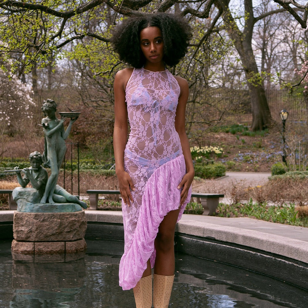Round Neck Sheer Lace Ruffle Asymmetrical High Slit Maxi Dress