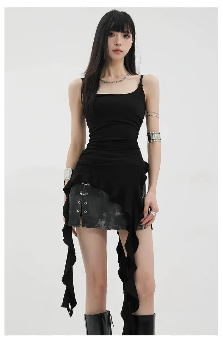 Black Asymmetric Ribbon Strap Tank Top With Ruffle Edge Design