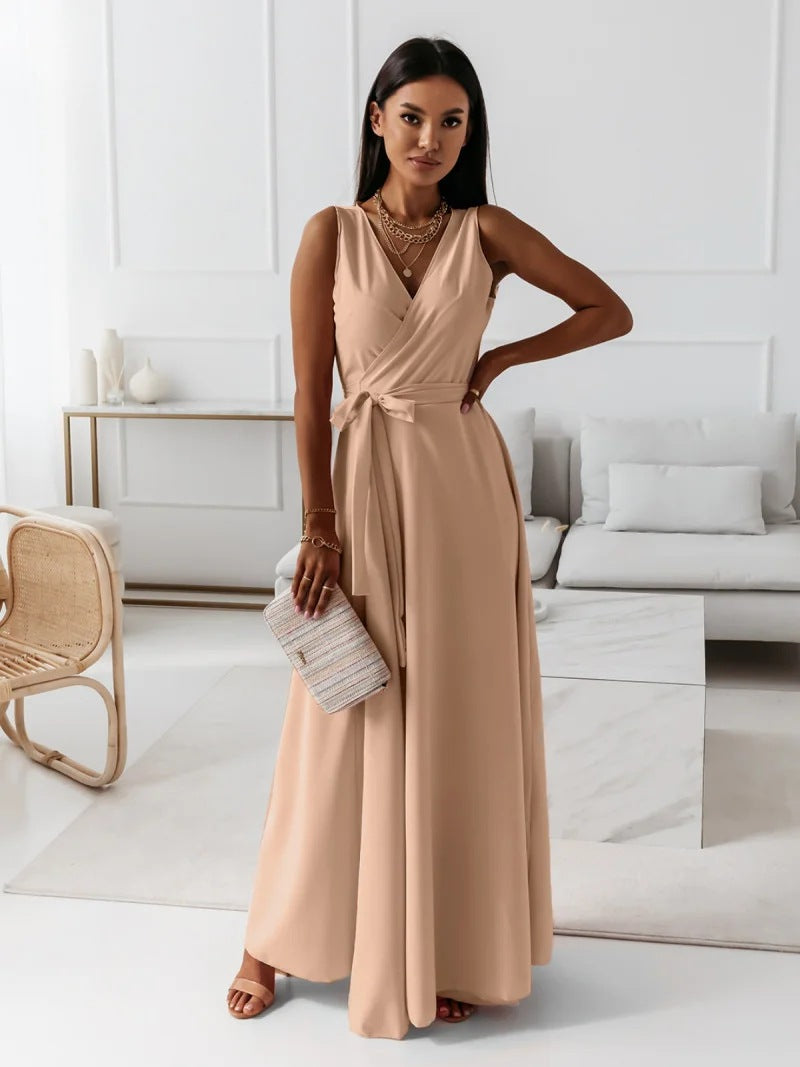 Guillermina Aesthetic Women's Solid Color V Neck Long Dress Boutique Collection