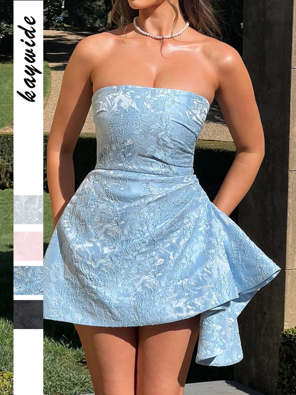 Strapless Floral Jacquard Ruched A-Line Mini Dress 6