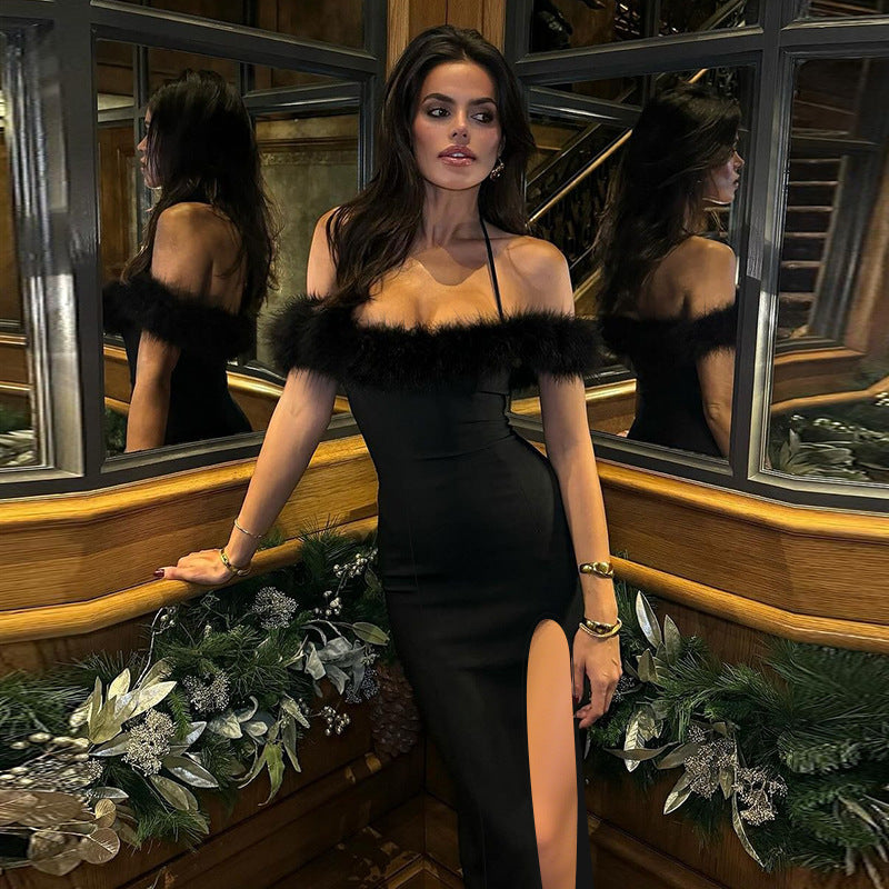 Black Off-Shoulder Feather Trim Halter High Slit Bodycon Maxi Dress