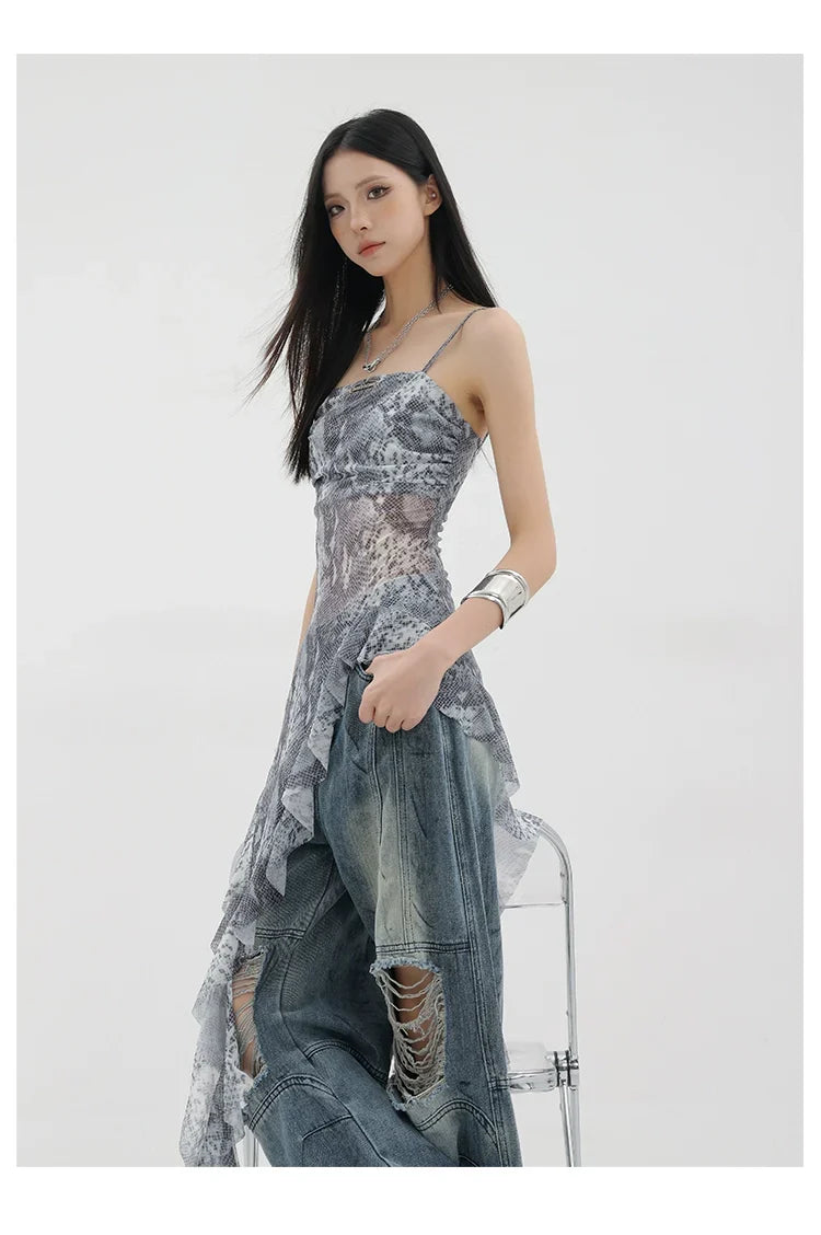Black Asymmetric Ribbon Strap Tank Top With Ruffle Edge Design