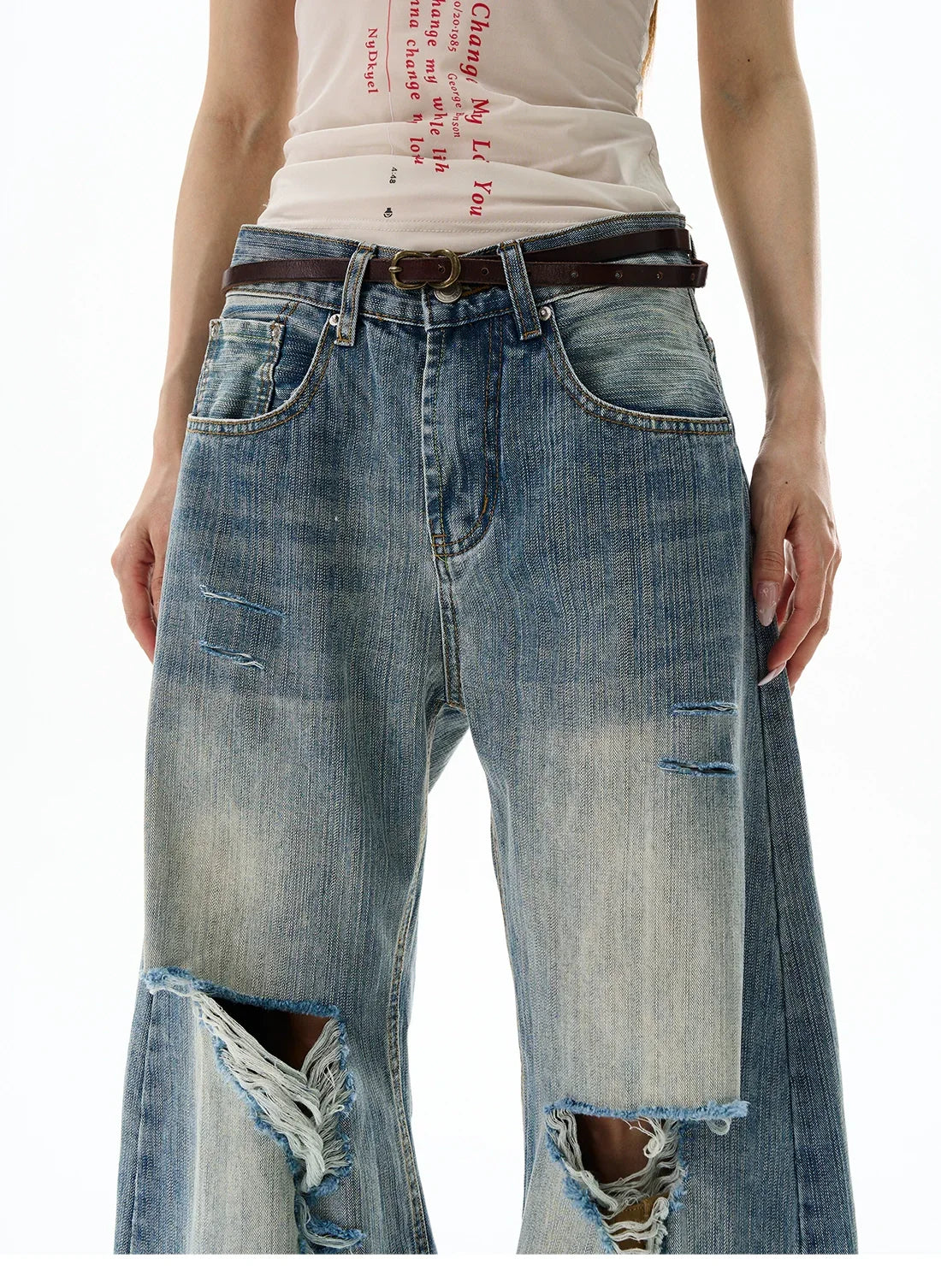 Heavy Knee Distressed Wide Leg Blue Jeans
