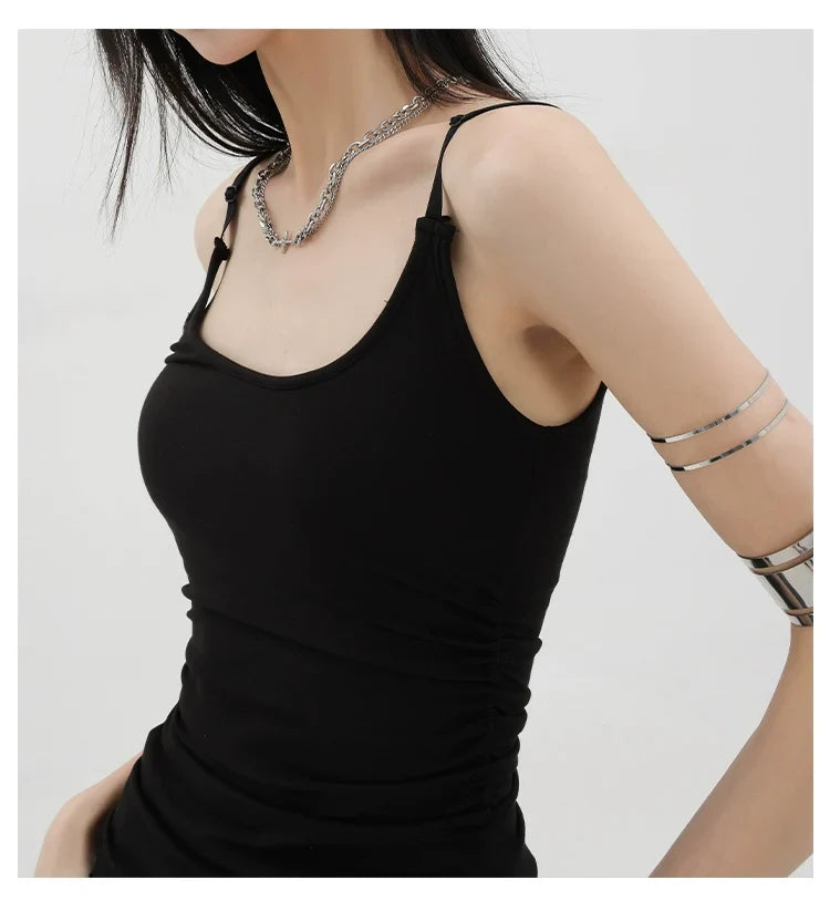 Black Asymmetric Ribbon Strap Tank Top With Ruffle Edge Design