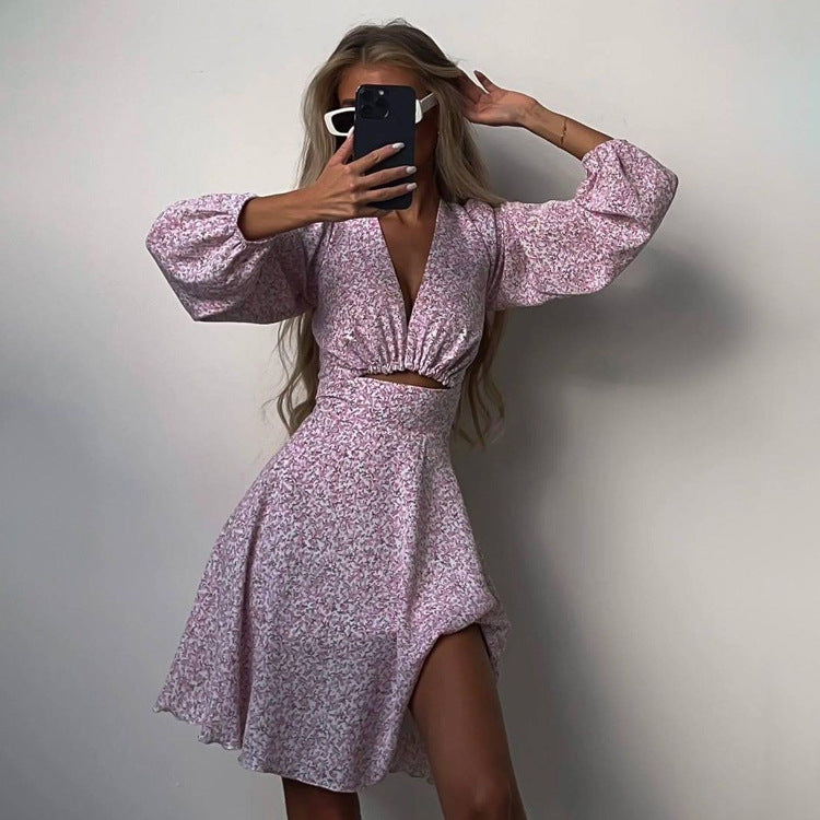 Long Sleeve V neck pirational Design Dress Slimming Printed French Dress