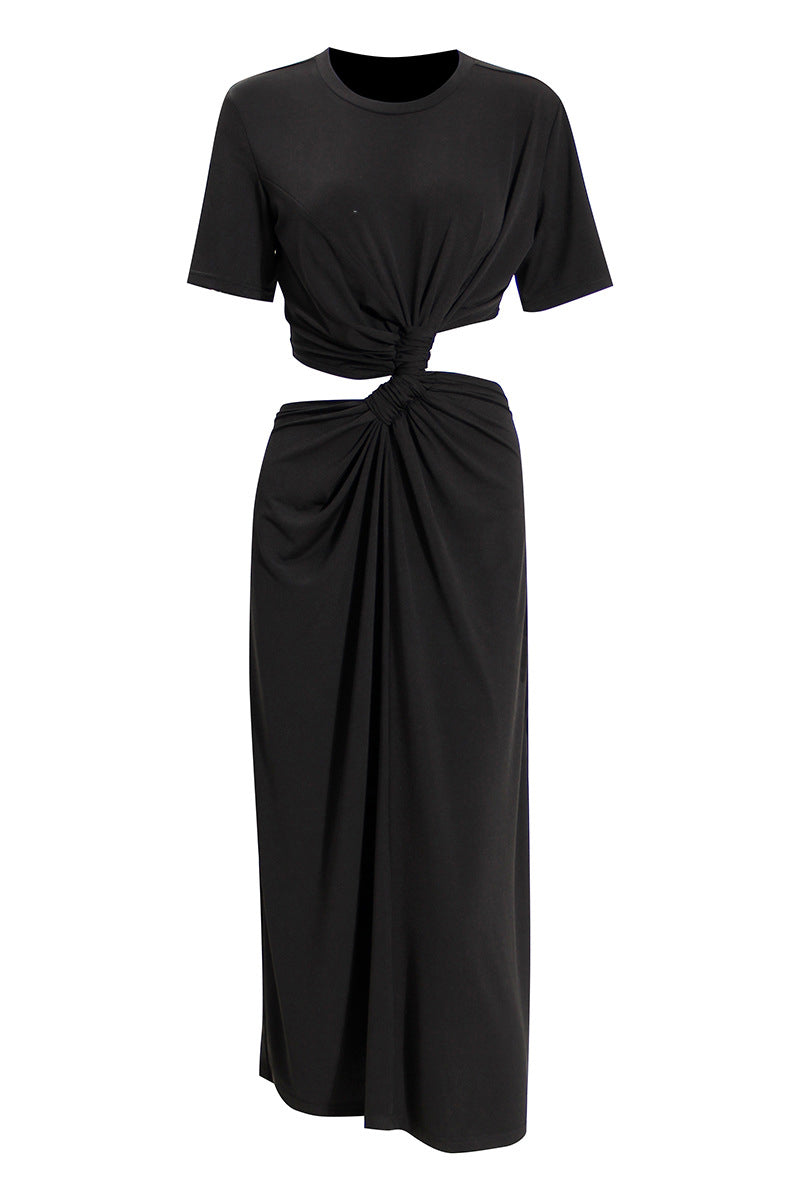 Black Round Neck Short Sleeve Ruched Twist Front Cutout Maxi Dress