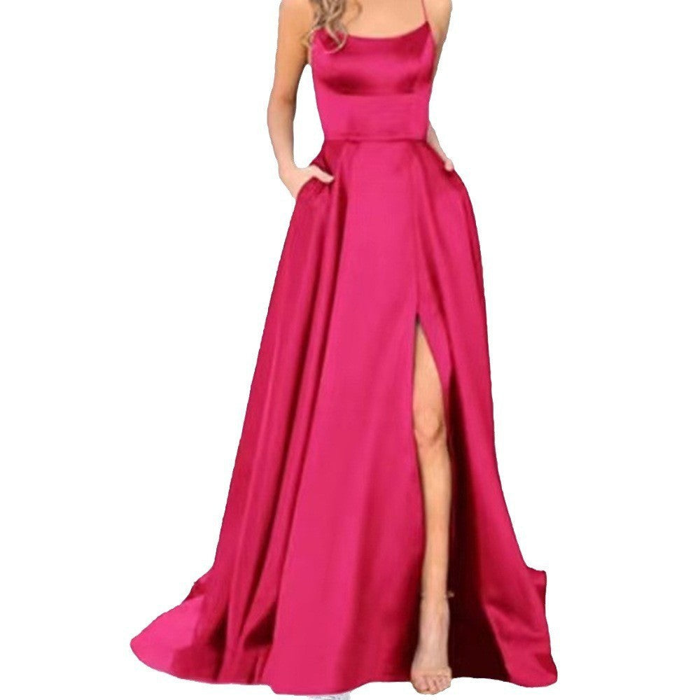 Spaghetti Strap Scoop Neck Satin High Slit A-Line Maxi Gown